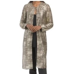 Anne Klein Womens Metallic Gold Sheer Duster‎ Cardigan Open Front Longline Small